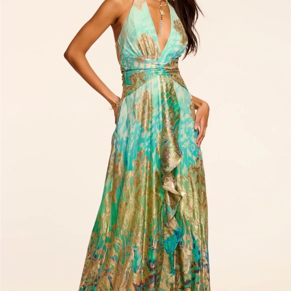 Ramy Brook Turquoise and Gold Backless Maxi Dress